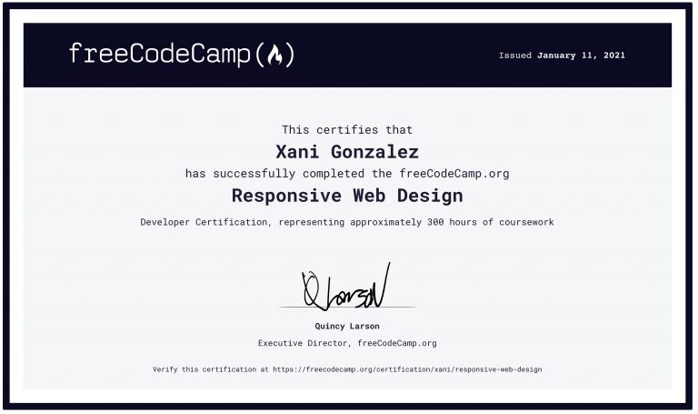 Free Code Camp Xani Gonzalez Certification